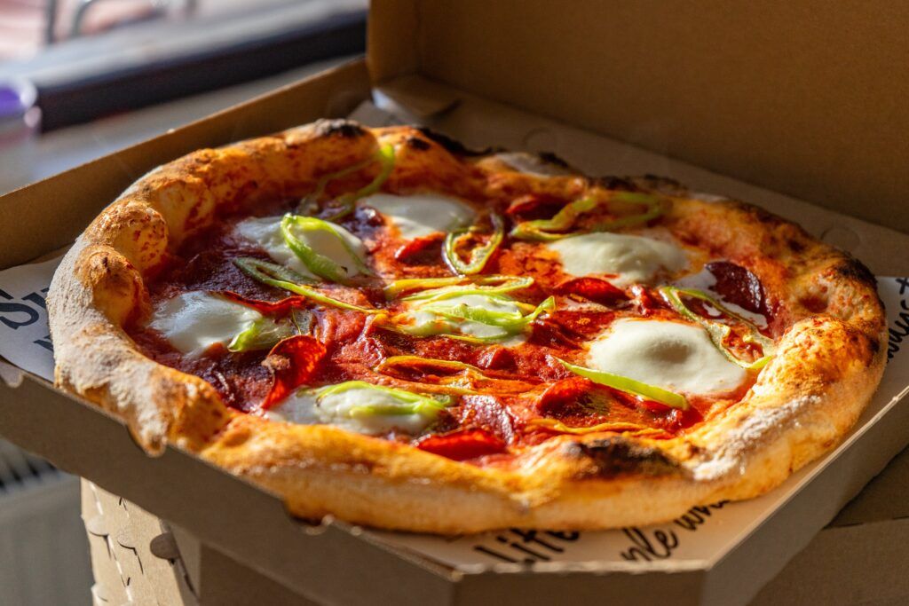 Neapolitan pizza in box.