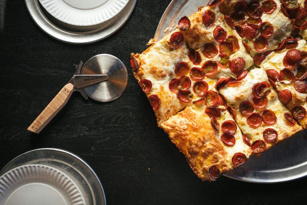 A Sicilian style pizza with pepperoni. 