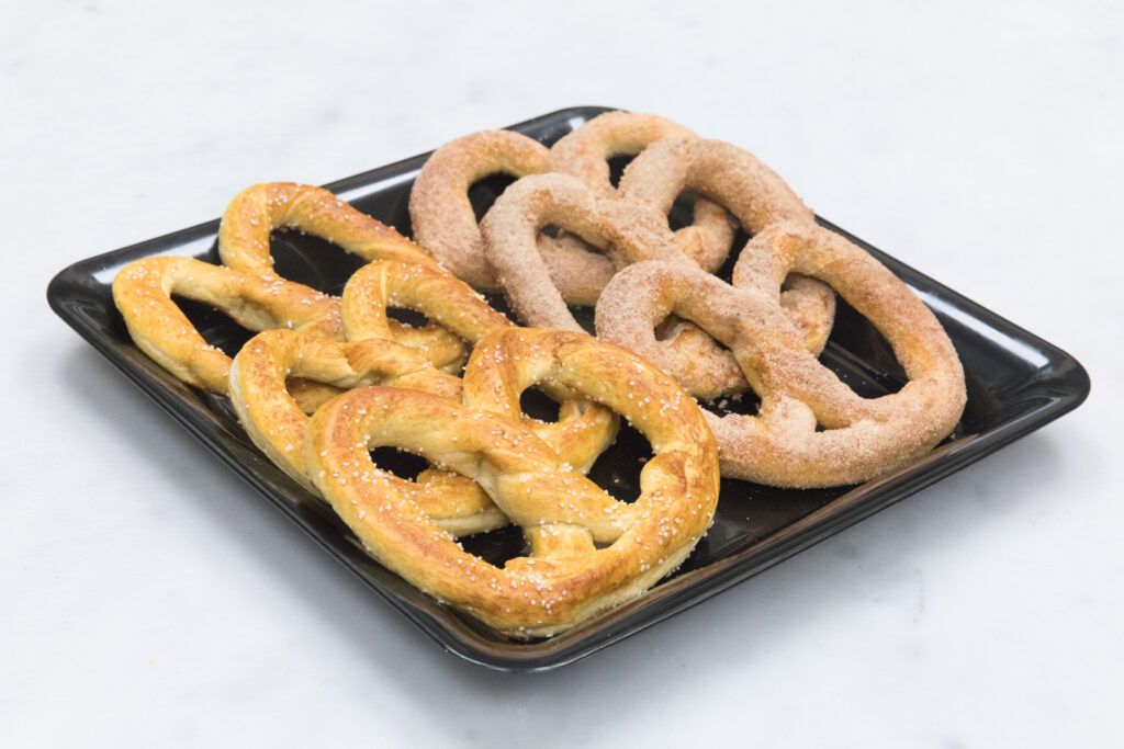 Salted and cinnamon sugar pretzels. 