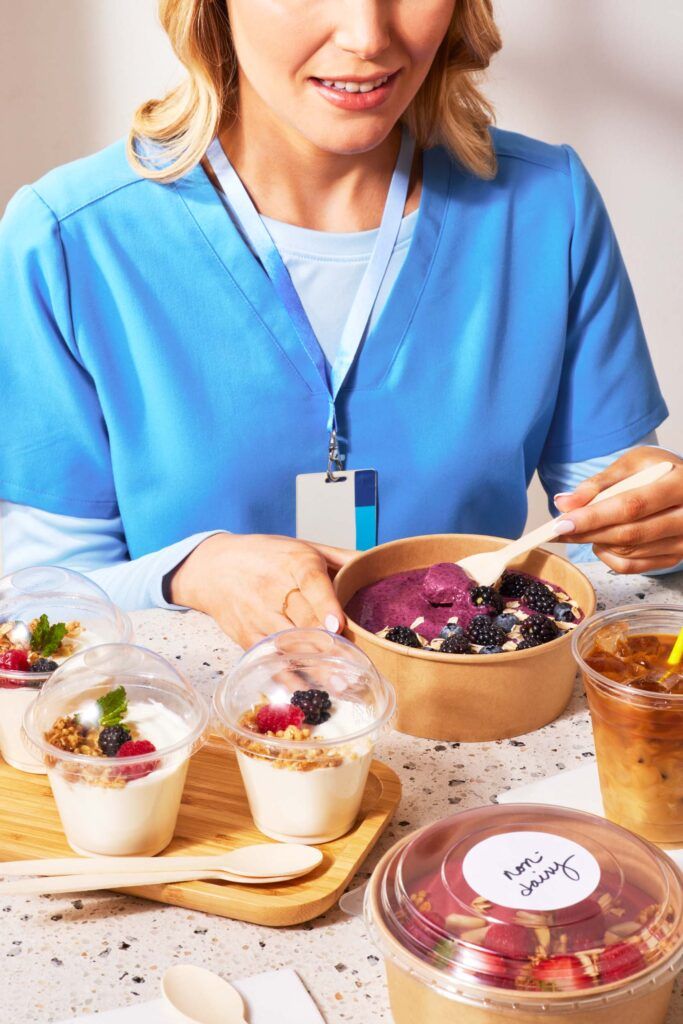 healthcare worker eating breakfast