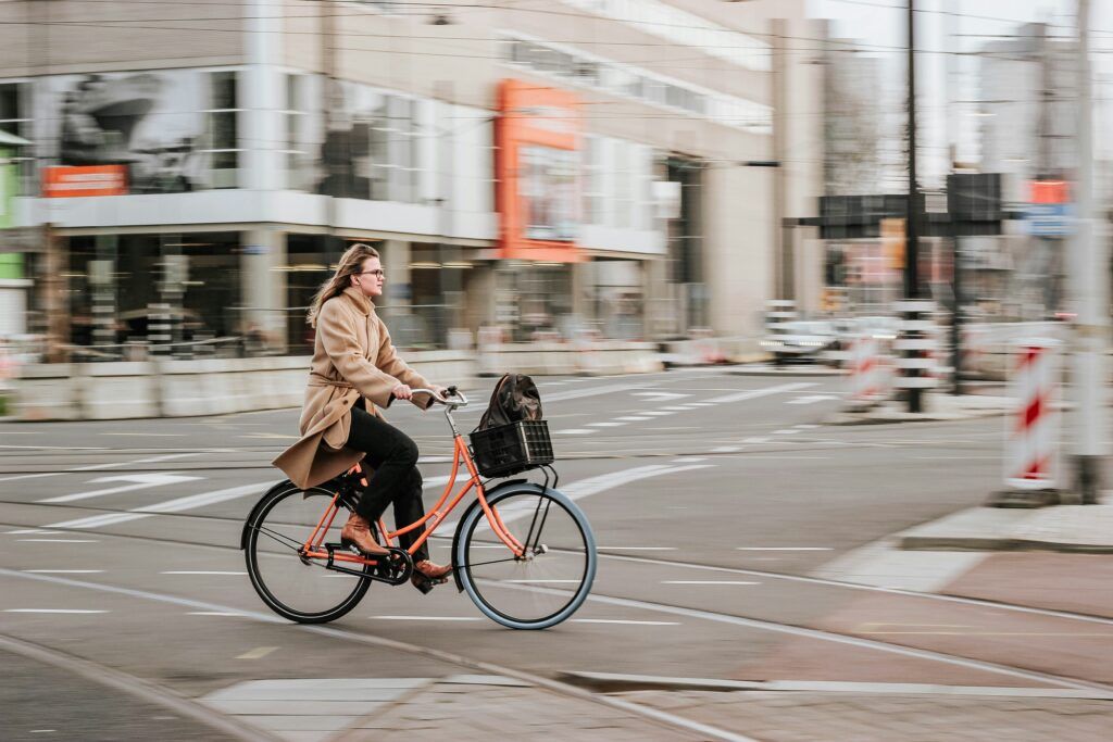 Woman riding a bike to work.