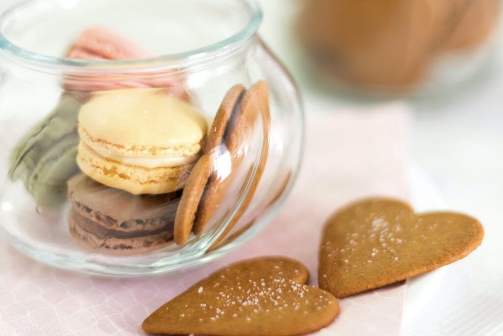 Heart shaped cookies and macarons.
