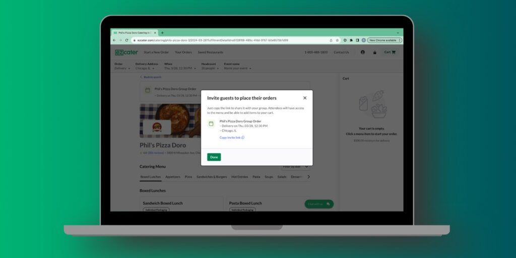 The "invite guests to place their order" popup on ezCater.