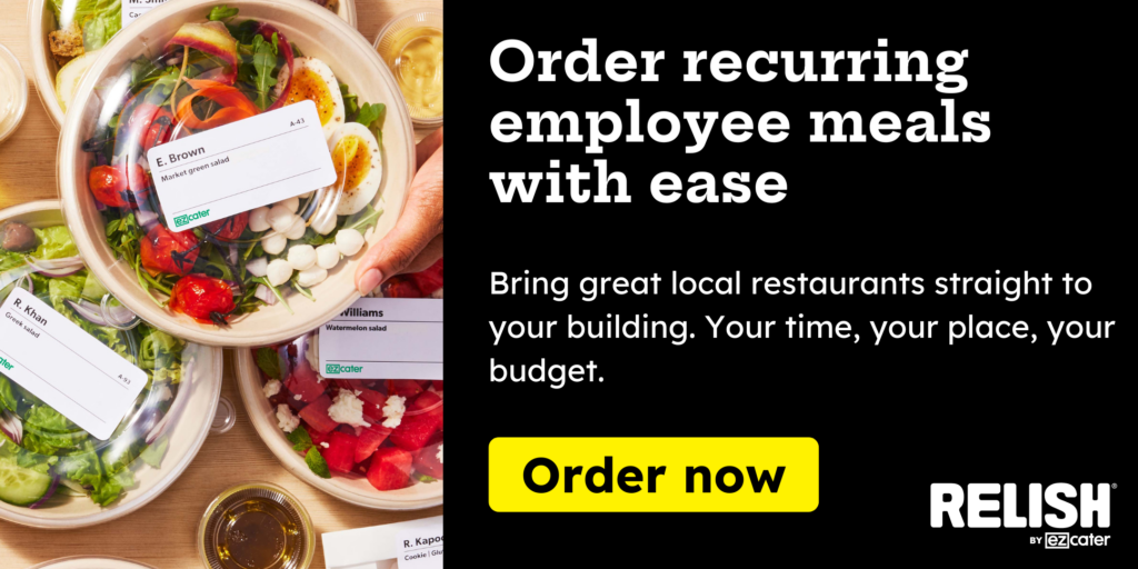 Order recurring employee meals with ease. Bring great local restaurants straight to your building. Your time, your price, your budget. Order now.