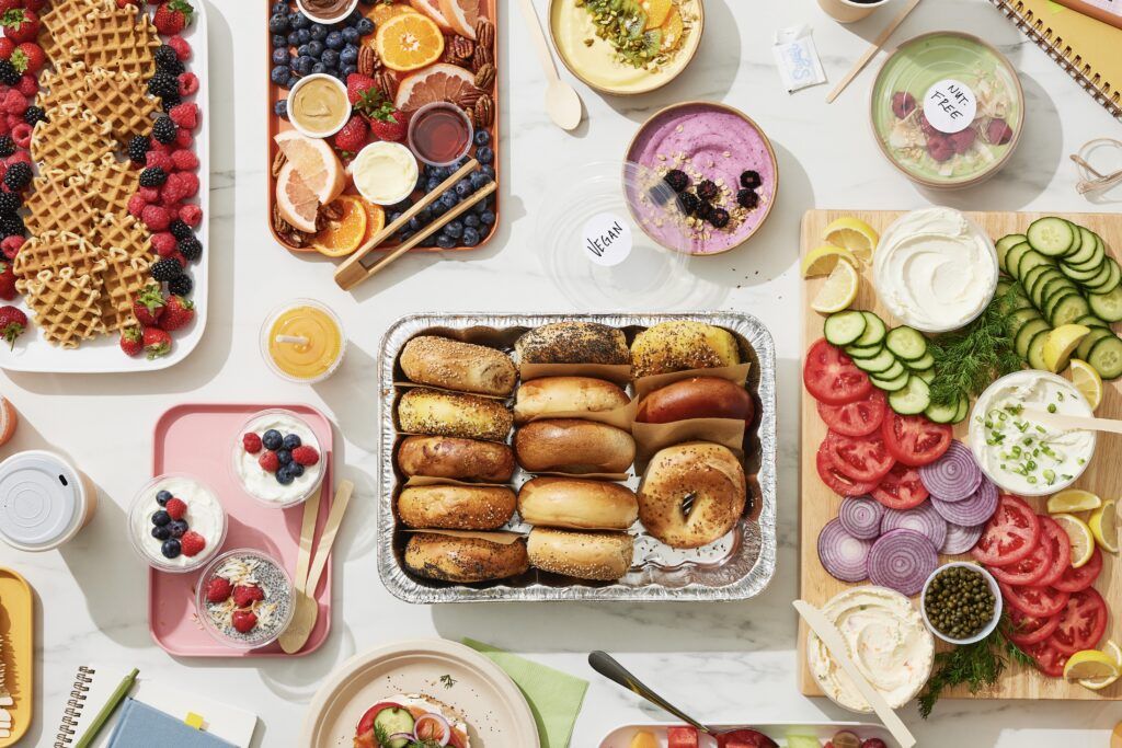 A catered breakfast spread with assorted items.