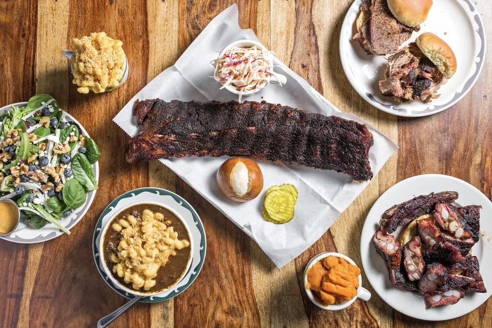 A BBQ food spread from Honky Tonk BBQ.