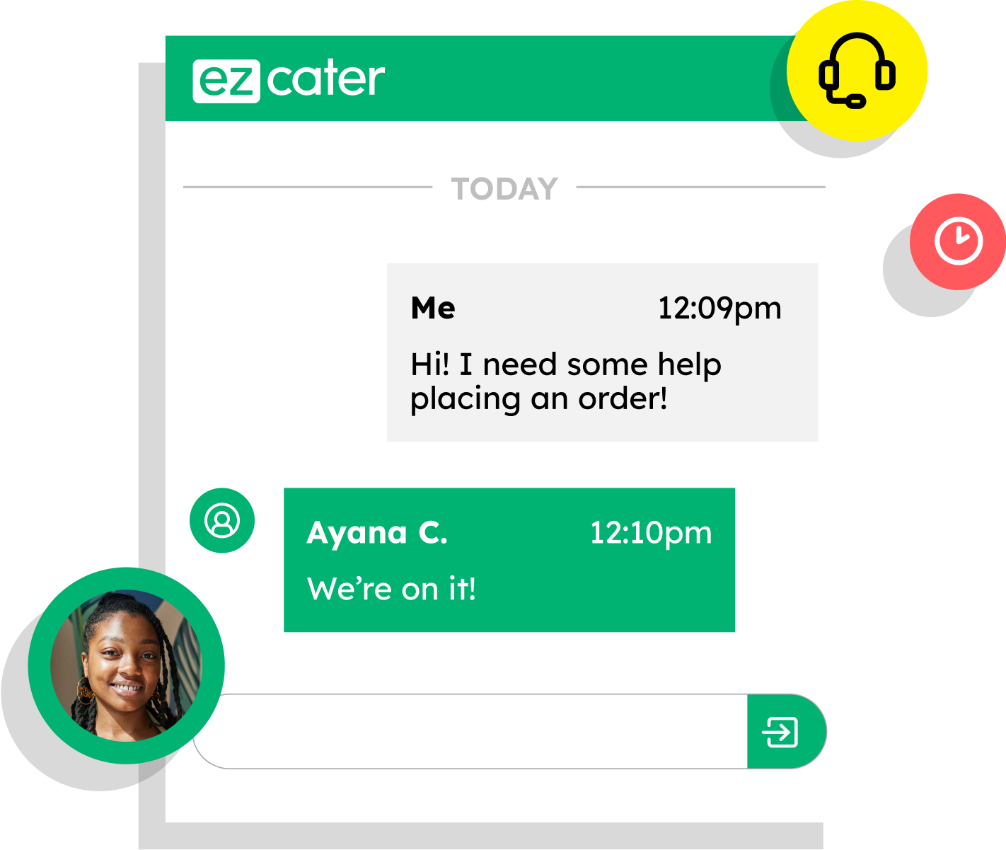 Chat window of a customer talking to an ezCater customer service representative, Ayana