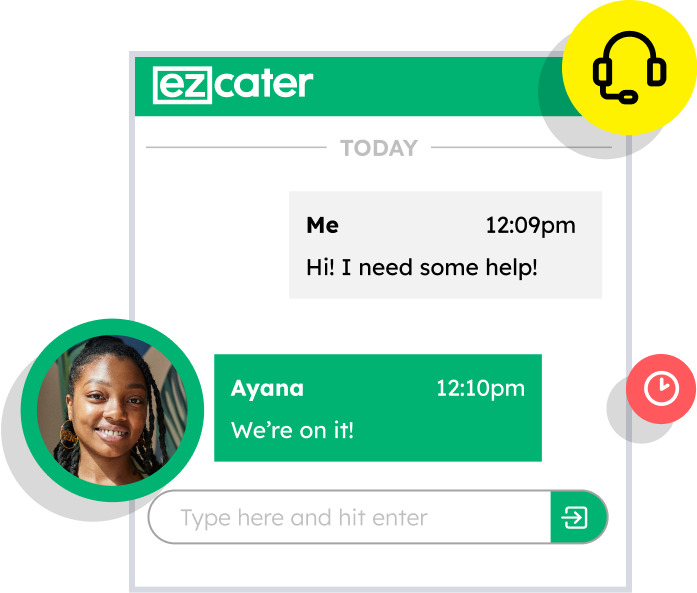 Chat window between a user and ezCater customer service person, Ayana
